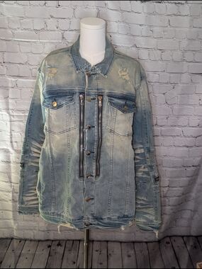 Rockstar Original Distressed Light Blue Denim Jacket with Vertical Zippers XL
